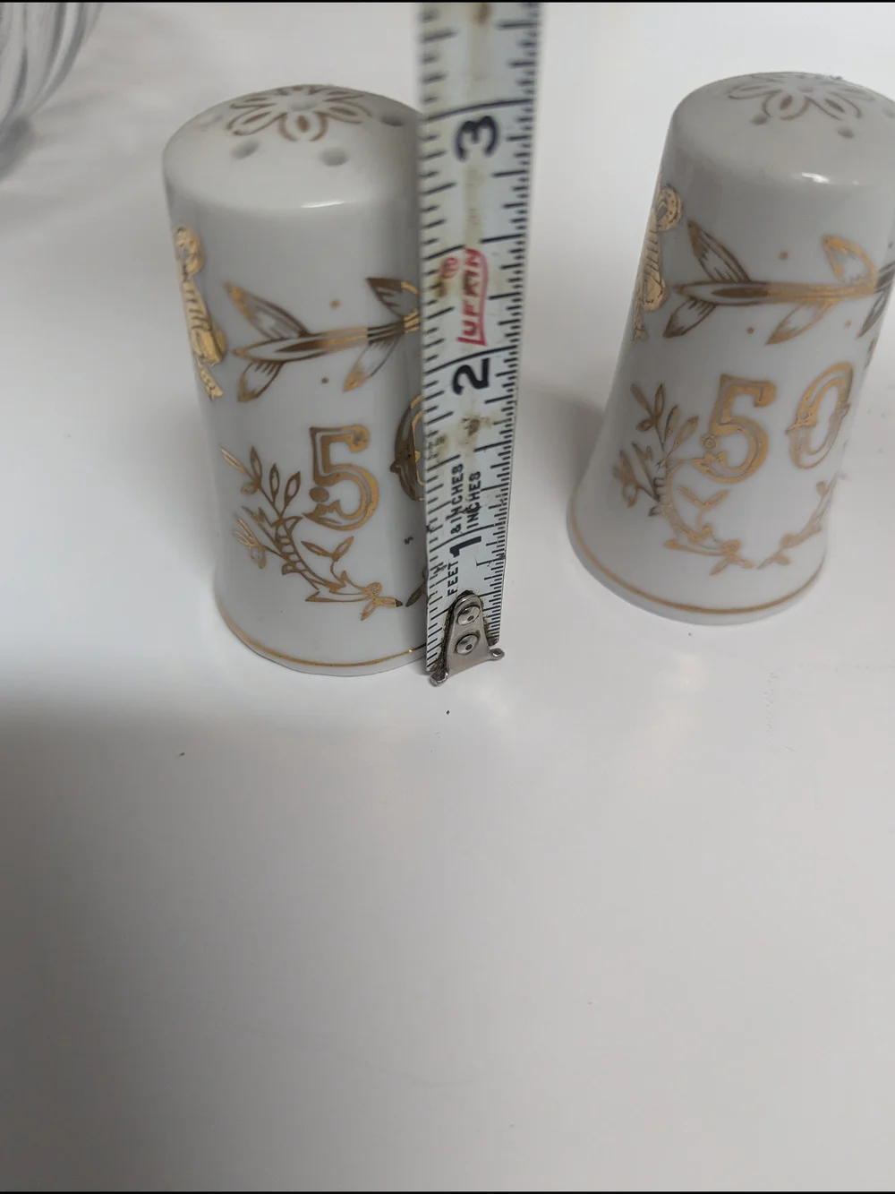 1955 Vintage White and Gold Porcelain 50th Anniversary Salt & Pepper Shakers